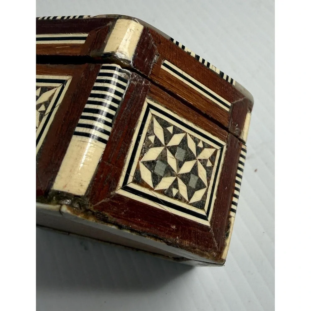 Vintage Egyptian Handmade Wood Jewelry Box Hexagon Mother of Pearl Inlay Mosaic